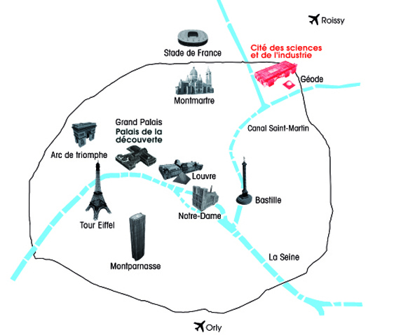 Localisation de la Cité des Sciences et de l'industrie sur un plan de Paris 